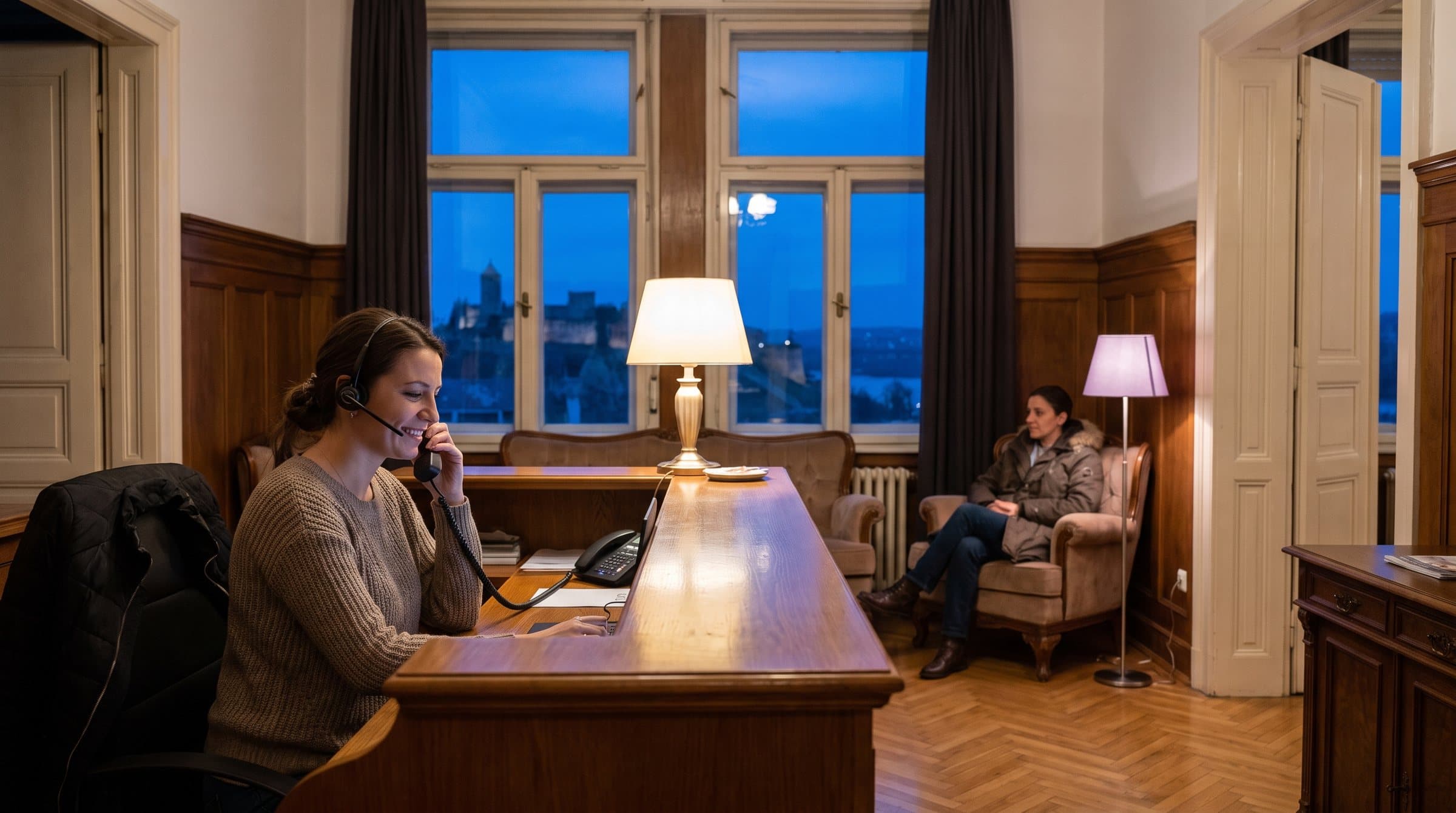 Recepcionerka sa slušalicama razgovara telefonom u stomatološkoj ordinaciji u staroj beogradskoj zgradi, kroz prozor se vide zidine Kalemegdana iznad ušća Save u Dunav u plavi čas